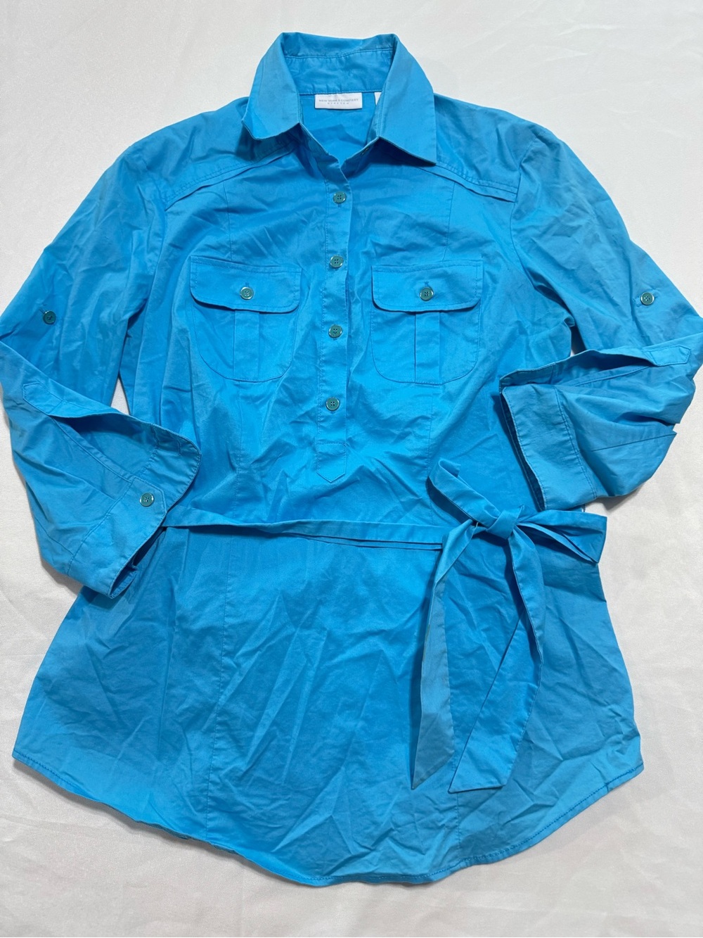 Blue Button Front Tie Waist Blouse Utility Style Lightweight